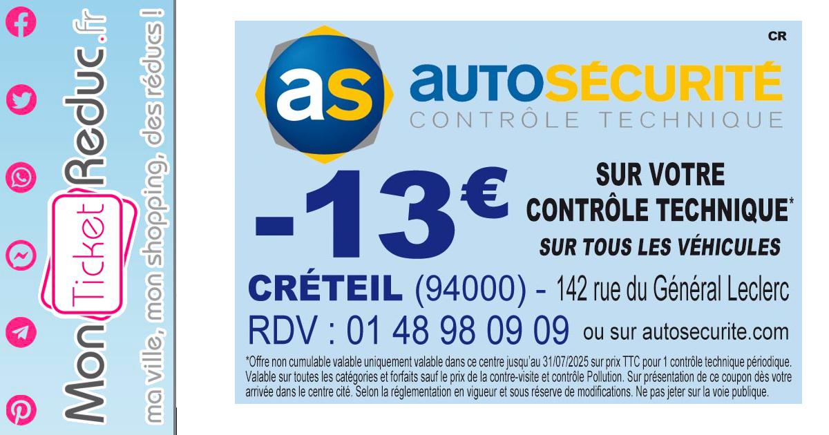 -13€ sur votre Contrôle Technique chez Auto Sécurité - Créteil avec ...